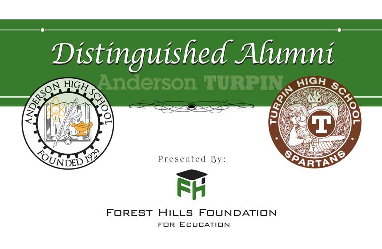 Distinguished Alumni banner with Anderson and Turpin High School crests